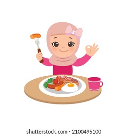 Cute hijab girl eating healthy food. Flat vector cartoon design