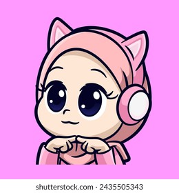 cute hijab girl feel shy emotes sticker cartoon vector illustration