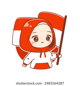 Cute hijab girl holding indonesia flag celebrate indonesia independence day