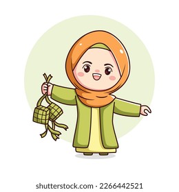 Cute hijab girl holding ketupat Chibi kawaii