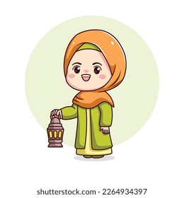 Cute hijab girl holding lantern kawaii chibi