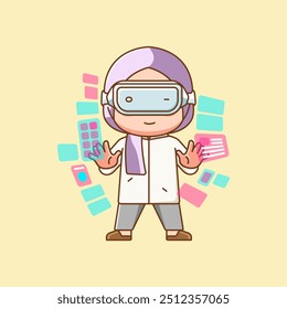 Cute hijab girl  interact virtual reality glasses vr chibi kawaii character mascot illustration outline style set