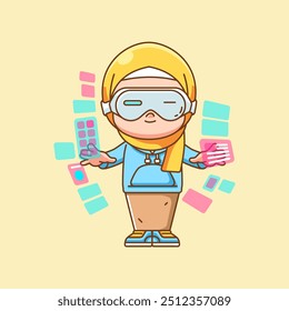 Cute hijab girl  interact virtual reality glasses vr chibi kawaii character mascot illustration outline style set