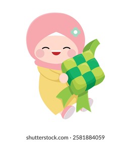 Cute hijab girl with ketupat traditional food