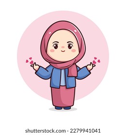 Cute hijab girl with love sign cartoon chibi kawaii flat character