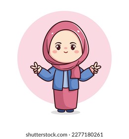 Niña hijab con signo de paz en vestido azul y rosa kawaii chibi