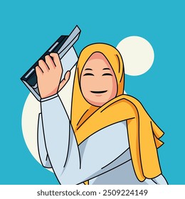 cute hijab girl reading book illustration. cartoon illustration