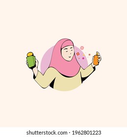 Cute hijab girl use fragrant perfume logo illustration