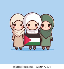 Cute hijab girls standing together holding Palestine flag vector illustration