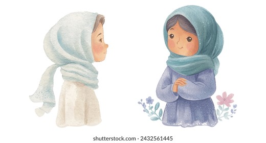 cute hijab kid watercolour vector illustration 