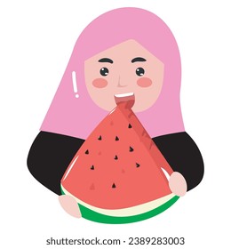 cute hijab kids eat watermelon on the summer season