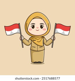 cute hijab teacher character carrying two Indonesian flags ver2