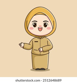 cute hijab teacher character with welcome hands