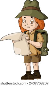 Cute hiker girl cartoon holding a map