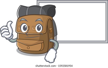 cute hiking backpack Scroll cartoon character Thumbs up with board