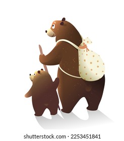 Cute hiking bear mom and baby, backpack adventures. Animal travelling clipart for kids. Backpacker bears characters for children. Hand drawn vector illustration in watercolor style.