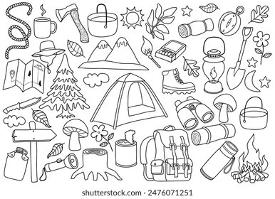 Cute hiking camping doodle set in drawing style.