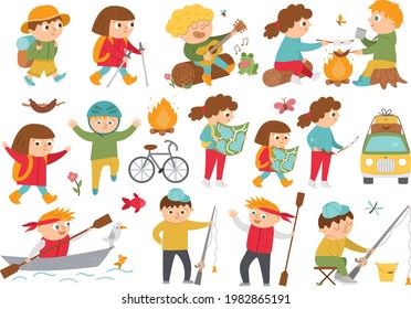 Cute hiking kids doing summer activities. Vector summer camp set. Camping, fishing, rafting, trekking children collection. Outdoor nature tourism icons pack. Woodland travel tourists
