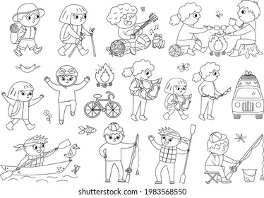 Cute Hiking Kids Doing Summer Activities. Vector Black And White Summer Camp Set. Camping, Fishing, Rafting, Trekking Outline Children Collection. Outdoor Nature Tourism Tourists Icons Pack 
