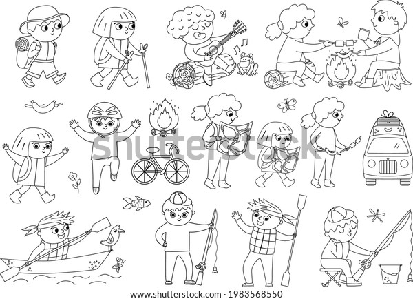 Cute hiking kids doing summer activities. Vector black\
and white summer camp set. Camping, fishing, rafting, trekking\
outline children collection. Outdoor nature tourism tourists icons\
pack \
