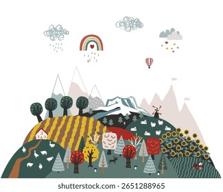 Fondo de colinas lindas con doodle dibujado a mano montañas escandinavas y campos de paisaje. Textura infantil creativa. Ilustración vectorial moderna del estilo de la historieta