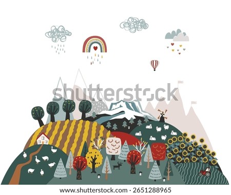 Cute hills background with doodle hand drawn Scandinavian mountains and fields landscape. Creative children texture. Modern cartoon style vector illustration