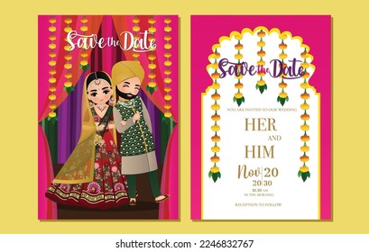 Cute hindu couple in traditional indian dress cartoon character.Romantic wedding invitation card