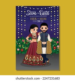 Una pareja hindú con un personaje tradicional de dibujos animados de vestimenta india. Tarjeta romántica de invitación a bodas