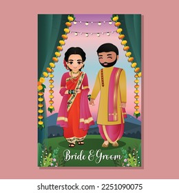 Cute hindu couple in traditional indian dress cartoon character.Romantic wedding invitation card