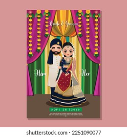 Cute hindu couple in traditional indian dress cartoon character.Romantic wedding invitation card