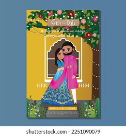 Cute hindu couple in traditional indian dress cartoon character.Romantic wedding invitation card