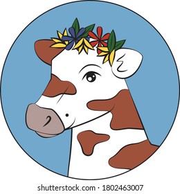 cute hip hipster floral crown cow illustration logo stamp