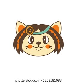 Cute hippie cat print. Pacific smiling kitten in cartoon retro style. Vector illustration