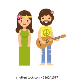 Cute hippie couple, woman in long dress and man with guitar, with flowers in hair. Modern flat vector cartoon style.