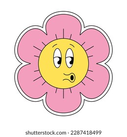 Cute hippie groovy chamomile smiley character good vibes. Retro daisy flower head happy mascot with eyes and lips. Positive nostalgic vintage cartoon style plant. Trendy y2y pop culture floral. Vector
