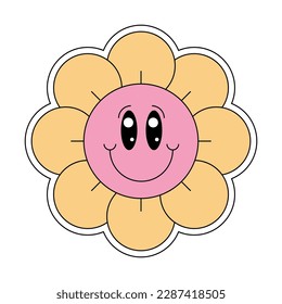 Cute hippie groovy chamomile smiley character good vibes. Retro daisy flower head joyful mascot. Positive nostalgic vintage cartoon style happy plant. Trendy y2y pop culture floral vector eps design