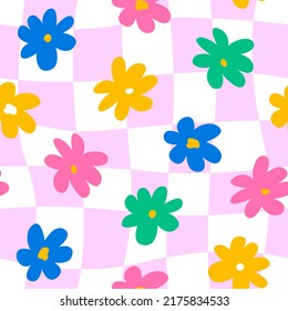 Cute hippie and groovy seamless pattern with colorful daisy flowers and distorted cage. Fashionable background in 00s, 90s, y2k style. 