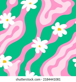 Cute hippie and groovy seamless pattern with daisy flowers and wavy shapes. Fashionable background in 00s, 90s, y2k style.