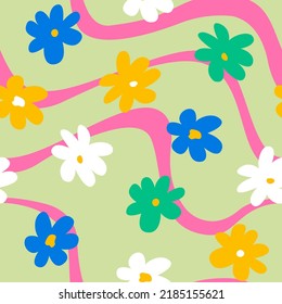 Cute hippie and groovy seamless pattern with daisy flowers and wavy lines. Fashionable background in 00s, 90s, y2k style.	