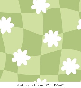 Cute hippie and groovy seamless pattern with white daisy flowers and green distorted cage. Fashionable background in 00s, 90s, y2k style.	