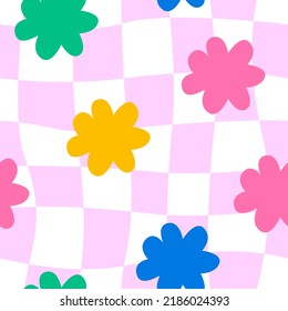 Cute hippie and groovy seamless pattern with daisy flowers and distorted cage. Fashionable background in 00s, 90s, y2k style.	