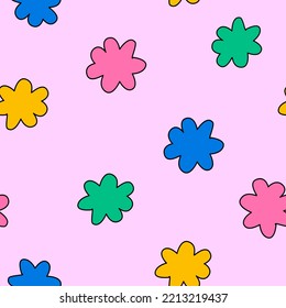 Cute hippie and groovy seamless pattern with daisy colorful flowers. Vector background in 00s, 90s, y2k style. Kid core aesthetic