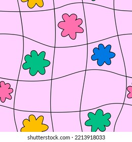 Cute hippie and groovy seamless pattern with daisy flowers and distorted linear cage. Vector background in 00s, 90s, y2k style. Kid core aesthetic