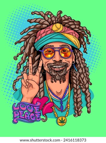 A cute hippie guy with glasses and dreadlocks shows a sign of victory, peace and love. Vector colorful background in retro comics style in pop art style. A symbol of pacifism, freedom and love