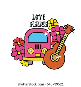 cute hippie minibus with flowers and guitar