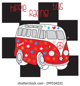 cute hippie racing bus whit flowers and hearts vector illustration