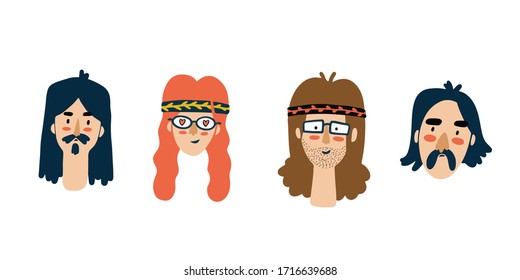 Cute hippies portraits funny set. Vector avatars, festival, hippie. Hand drawn stylish faces. Sticker set. Simple flat color modern style.