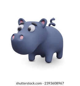 Cute hippo. 3D hippopotamus in cartoon style. Toy figurine of wild animal. Colored creature in cartoon style. Isolated vector illustration on white background