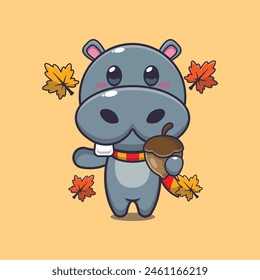 Cute hippo with acorns at autumn season. Mascot cartoon vector illustration suitable for poster, brochure, web, mascot, sticker, logo and icon.