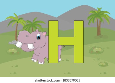 cute Hippo animal cartoon with the letter H, simple vector illustration